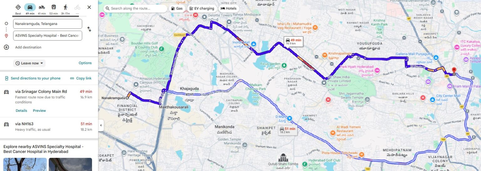 Direction from Nanakramguda to Asvins Specialty Hospitals Somajiguda