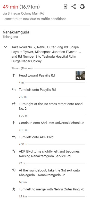 Direction from Nanakramguda to Asvins Specialty Hospitals Somajiguda